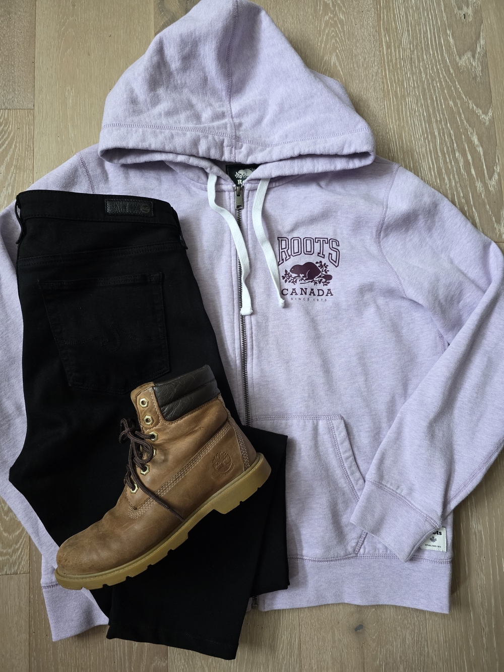 Roots Women’s Pale Lavender Zip Hoodie with White Drawstrings